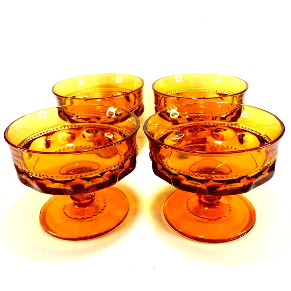 Amber Dessert Sherbet Cups Kings Crown Thumbprint Indiana Glass Vintage Qty of 4